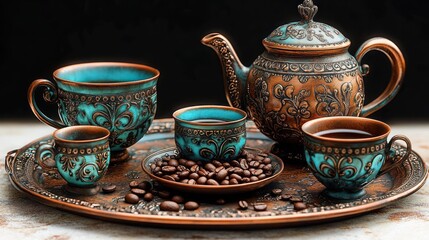 Elegant vintage tea set with intricately engraved teal and copper cups and teapot on matching tray filled with coffee beans, evoking warmth and sophistication