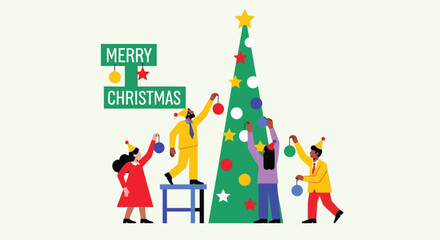 Diverse group of people decorating a christmas tree with ornaments and a star on top celebrating holidays
