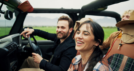 Travel, woman and couple of friends in car for road trip, holiday adventure and sightseeing. Happy people, passenger or driving in vehicle for weekend getaway, vacation journey or countryside tourism