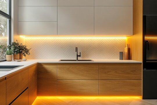 Modern kitchen interior with wooden lower cabinets, white upper cabinets, LED strip lighting under cabinets and along backsplash, black faucet and sink, potted plants by window