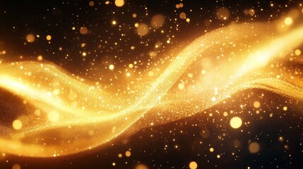 Shimmering golden wave of light particles swirling in a dark space creating a magical and luminous effect