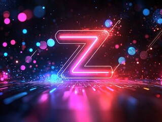 Glowing neon letter Z surrounded by vibrant pink, blue, and purple abstract particles and light trails on a reflective surface, creating a futuristic and dynamic atmosphere
