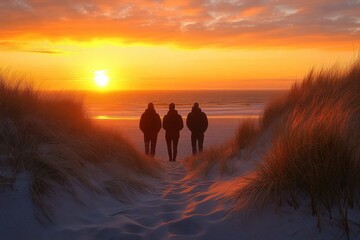 Three people standing on a sandy path between tall grasses looking out at a vibrant orange sunset over the ocean