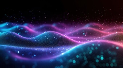 Abstract digital wave patterns in blue and purple hues with glowing particles floating above flowing mesh surfaces, creating a futuristic and dynamic visual effect