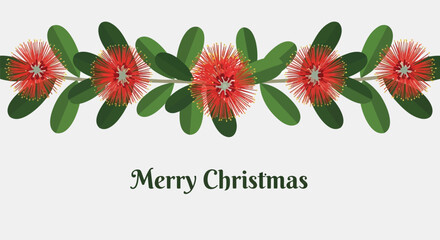 Festive pohutukawa flower garland decoration with merry christmas greeting on a light background