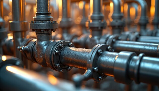 Industrial metal pipes, interconnected with valves, flanges, bolts, form complex network system. Pipeline structure represents energy infrastructure tech, factory machinery, modern engineering