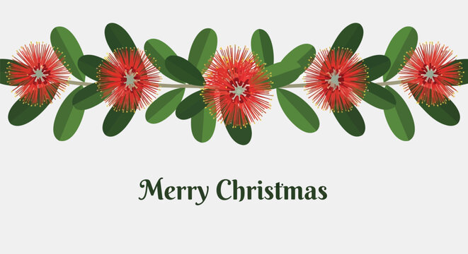 Festive pohutukawa flower garland decoration with merry christmas greeting on a light background