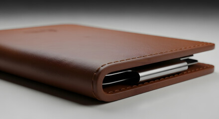 Close-up of a sophisticated brown leather wallet or card holder with a metallic clip, luxury accessory mockup.