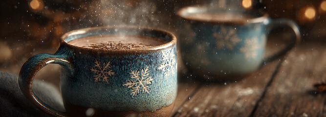 Hot chocolate, coffee in a cup, with Christmas snowflakes, beautiful cover. Christmas premium background image, for cover, brochure, brochure, desktop, notepad. Concept for holiday.
