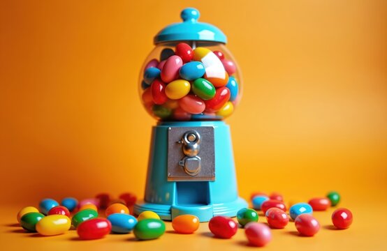 Vibrant teal retro candy dispenser with clear glass globe holds many colorful jelly beans. Red, yellow, green, pink, blue oval sweets inside machine, spilled on orange background. Sugary treat