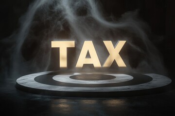 Illuminated glowing letters spelling the word tax on a circular target platform with rising smoke in a dark setting, symbolizing focus and pressure