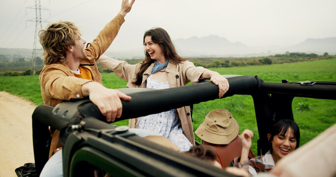 Road trip, travel and group of friends in truck for holiday, journey and exploring together. Happy, adventure and people in vehicle for bonding outdoor for sightseeing in countryside for vacation.