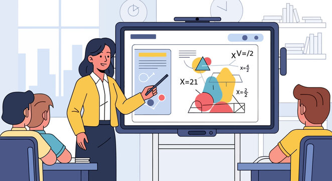 Modern education concept Teacher explains math and geometry using an interactive smart board to engaged students, creating a dynamic classroom learning experience