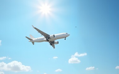 Obraz premium photo of a white airplane flying in the blue sky with clouds, banner for a web design or travel company, wide format, copy space concept, high resolution. High quality