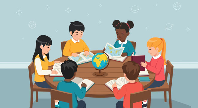 Children Studying Together A Diverse Group of Kids Learning in a Circle, Focused on Globes and Books - Powered by Adobe