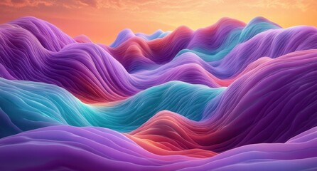 Vibrant surreal landscape of smooth, wavy hills in shades of purple, blue, pink, and orange under a softly glowing sunset sky