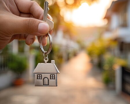 Hand Holding House Keychain with Keys on Residential Street at Sunrise