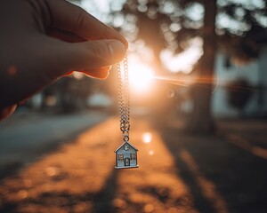 Hand Holding Home Shaped Pendant Necklace During Sunset