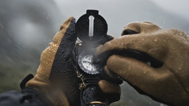 Navigating the wilderness compass usage in rainy conditions outdoor adventure action shot nature close-up survival skills