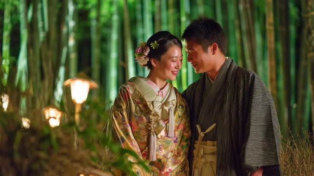 女性が色打掛風で桜柄の和傘を持ち男性が博多献上帯で竹林ライトアップに立つ