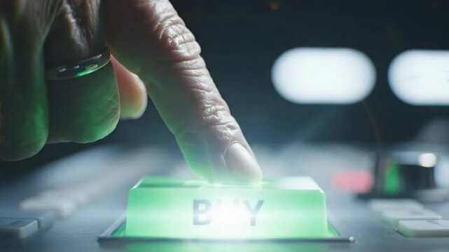Purchasing action triggered by green button press digital environment close-up perspective e-commerce concept