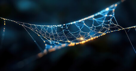Close-up of a spider web with delicate water droplets reflecting light against a dark blurred background, creating a sparkling and ethereal effect