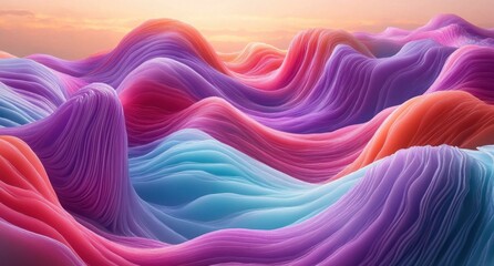 Abstract landscape of colorful flowing fabric-like waves in pastel hues under a soft glowing sky, creating a serene and dreamlike atmosphere
