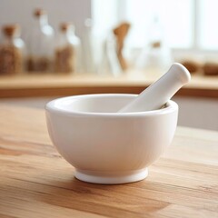 White Ceramic Mortar And Pestle On Wooden Countertop