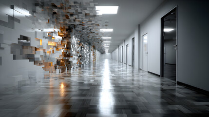Office corridor dissolving into pixels