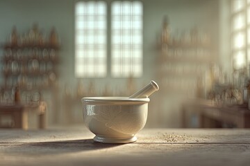 Vintage White Mortar And Pestle In Laboratory Setting