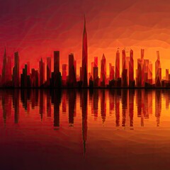 Sunset City Skyline Silhouette with Reflection