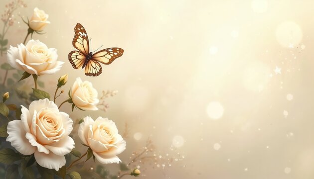 Delicate cream roses and butterfly artwork. Gentle petals bloom with soft light. Elegant floral design evokes peace, nature, and subtle beauty. Perfect for sympathy or memorial themes. - Powered by Adobe