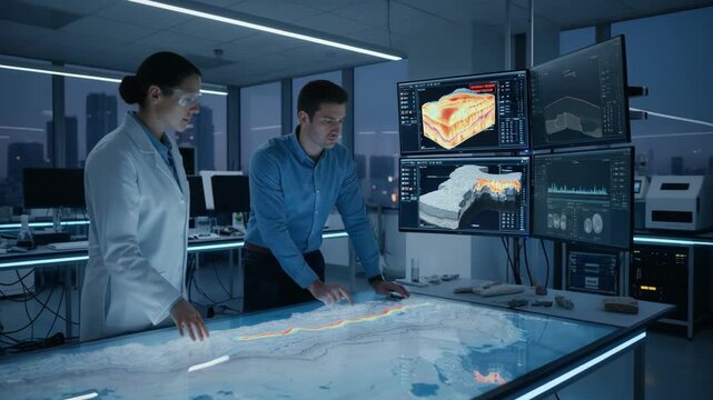Scientist analyzing geological maps and data models in a modern lab to identify potential mineralrich zones.