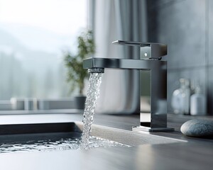 Modern Chrome Faucet With Flowing Water