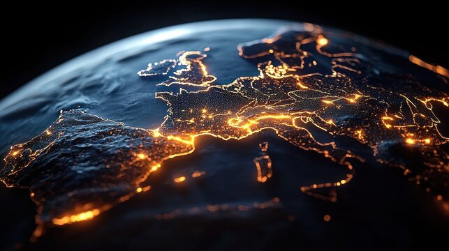 Glowing illuminated map view of Europe and surrounding regions on a dark globe showing cities and borders with bright orange light points and lines