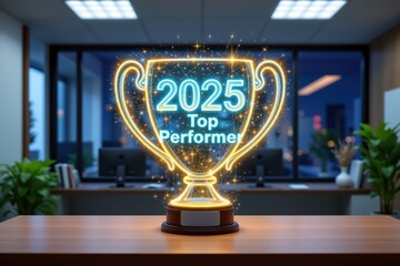 2025 Top Performer Holographic Trophy in Empty Office at Night: Recognition and Success in the Future Workplace