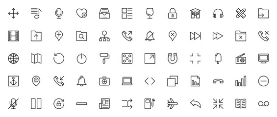 iOS & UI icon set. Minimal line vector icons pack. Icludes symbols for phone, usic, media, apps, setting, communication, tools andmore. Editable stroke.
