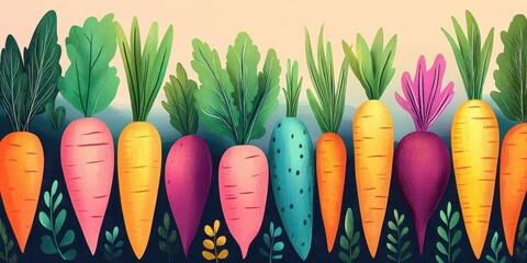 Colorful digital illustration of various root vegetables with vibrant leaves on a gradient background, evoking freshness and abundance