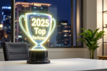 2025 Top Performer Holographic Trophy on Office Desk at Night: Achievement, Award, Business Success, Employee Recognition, and Future Goals