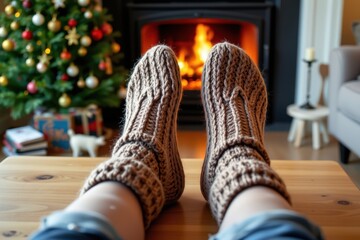 Cozy Christmas: Feet in Chunky Knit Socks Relaxing by the Fireplace with Decorated Christmas Tree in the Background,  holiday, winter time.