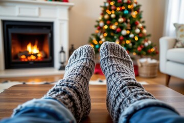 Cozy Christmas: Warm Socks by the Fireplace with a Festive Tree in the Background - A Moment of Comfort and Holiday Relaxation