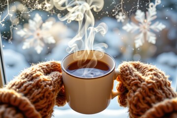 Cozy Winter Warmth: Mittened Hands Holding a Steaming Mug of Tea by a Frosty Window, Embracing the Comfort of a Cold Day.