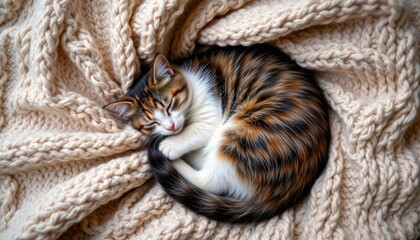 Cute Calico Cat Sleeping Curled Up Comfortably on a Chunky Knit Blanket, Cozy and Peaceful Scene.