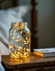 Warm Fairy Lights in a Mason Jar on Rustic Nightstand: Cozy Home Decor with Gentle Glow and Bookside Ambiance