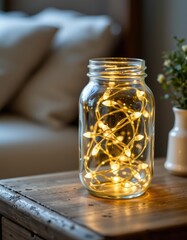 Mason Jar Fairy Lights: Warm Glow of Life on a Rustic Bedside Table with Shallow Depth of Field. Perfect for Home Decor or Cozy Interior Design Concepts.