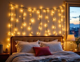Cozy Bedroom at Dusk with Fairy Lights: A Warm and Magical Ambiance for Relaxation and Dreamy Nights.