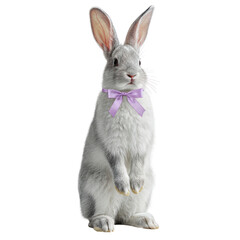Obraz premium Adorable fluffy gray and white rabbit standing upright, wearing a decorative purple bow tie, isolated as a cute animal design element on a transparent background.
