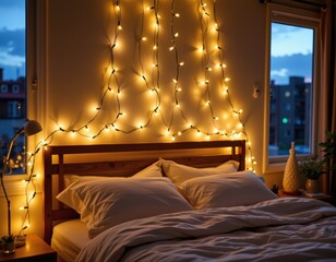 Cozy Bedroom at Dusk with Fairy Lights: A Warm and Inviting Ambiance for Relaxation and Comfort