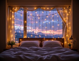 Cozy Bedroom at Dusk with Fairy Lights: A Warm and Inviting Retreat with Scenic Sunset View.