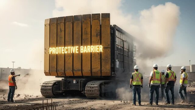 Mobile mod blasting shield in use at a construction site emphasizing its role in safeguarding workers from blast fragments and dust clouds.